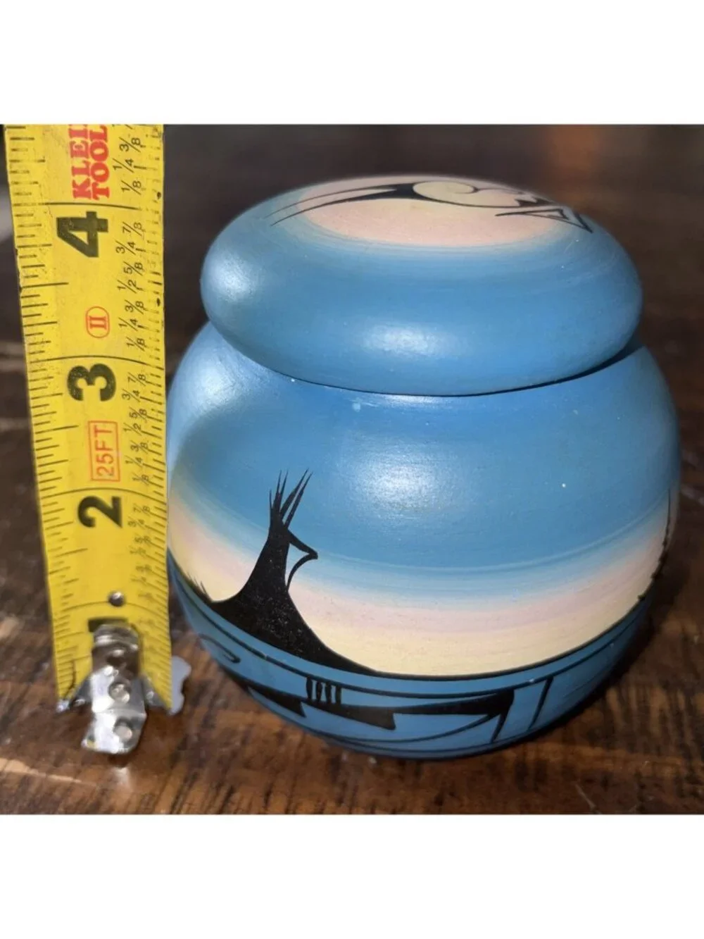 Vintage Hand Painted Navajo Pottery Lidded 4.5” Trinket Box Artist Signed w/lid